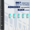 A collection of black Aquasonic toothbrush heads for replacement, shown in various colors.