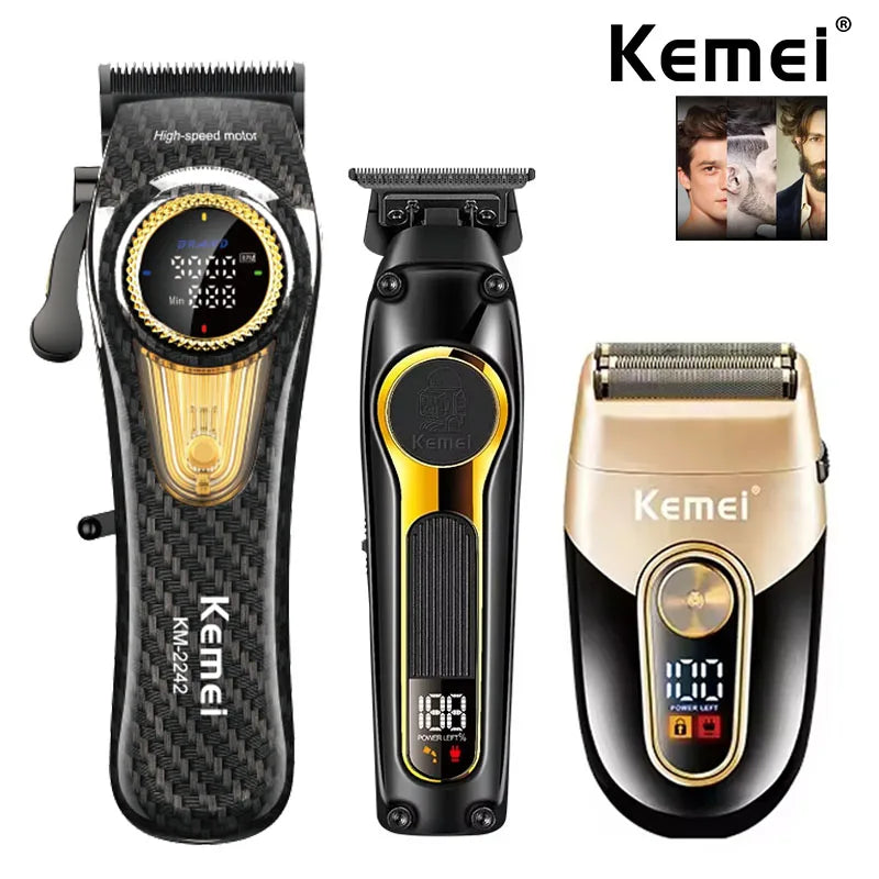 A black rechargeable electric hair clippers kit with a gold and black design shown from the side.