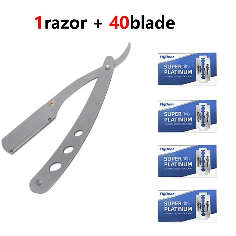A professional stainless steel straight shaving razor with 40 blades and a handle.