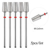 A set of five silver diamond nail drill bits with 5mm shafts and red accents.