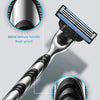 A close-up view of a metal texture handle shaving razor with an anti-slip design.