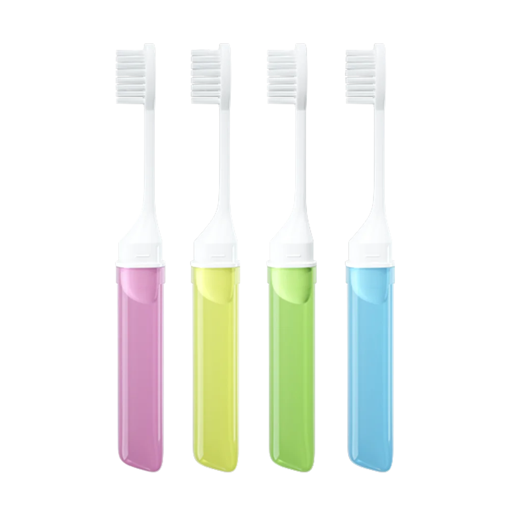 Un set de quatre mini brosses à dents pliables de voyage dans les couleurs rose, vert lime, vert clair et bleu.