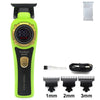 A lime green cordless smart brain hair trimmer with a black body and gold accents, shown next to replacement guards.