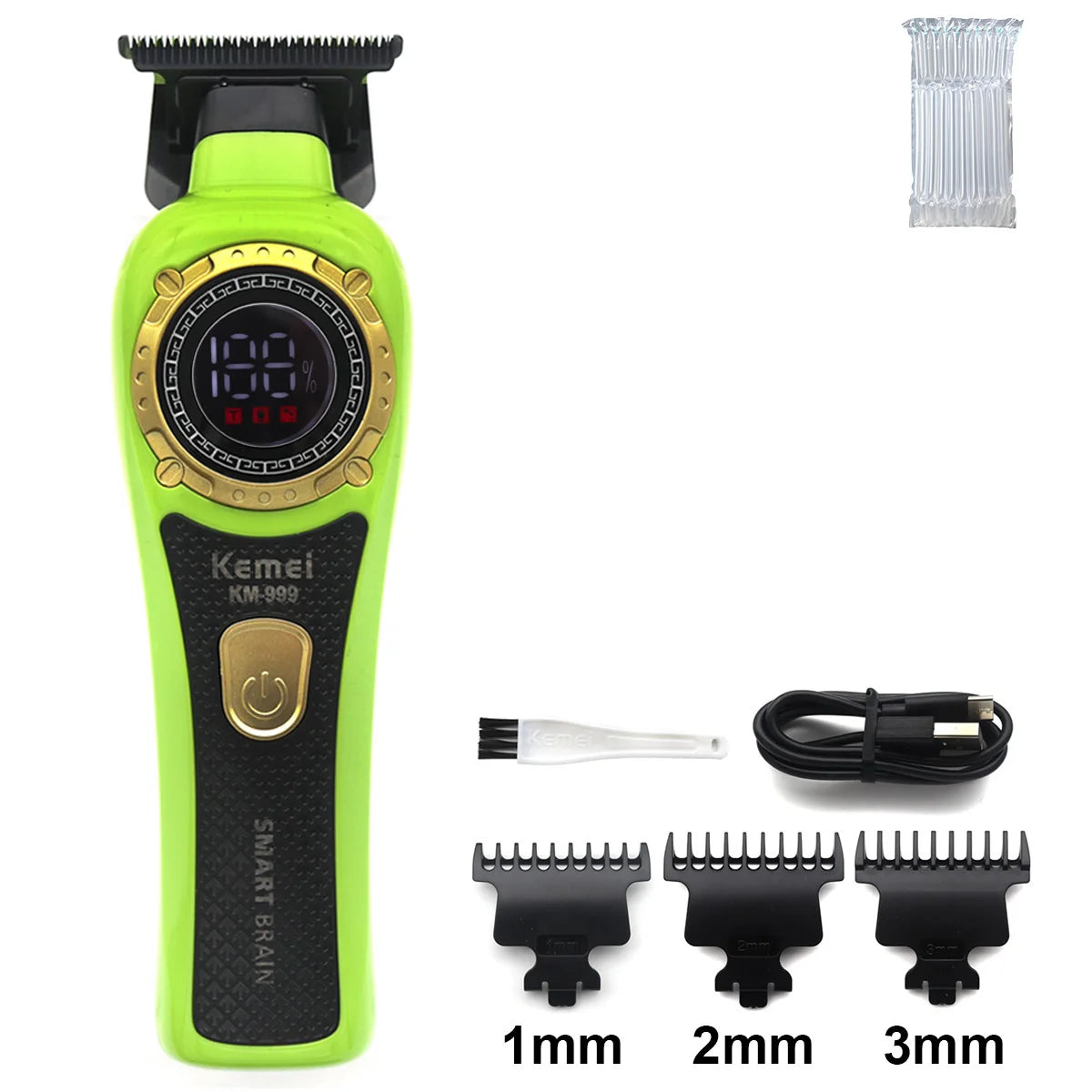 A lime green cordless smart brain hair trimmer with a black body and gold accents, shown next to replacement guards.