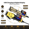 A yellow and gold USB charging rotary hair trimmer with digital display showing power level and timing options.