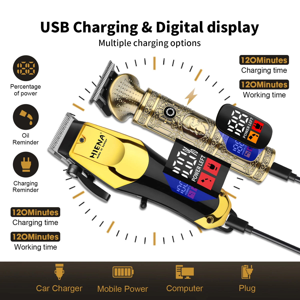 A yellow and gold USB charging rotary hair trimmer with digital display showing power level and timing options.