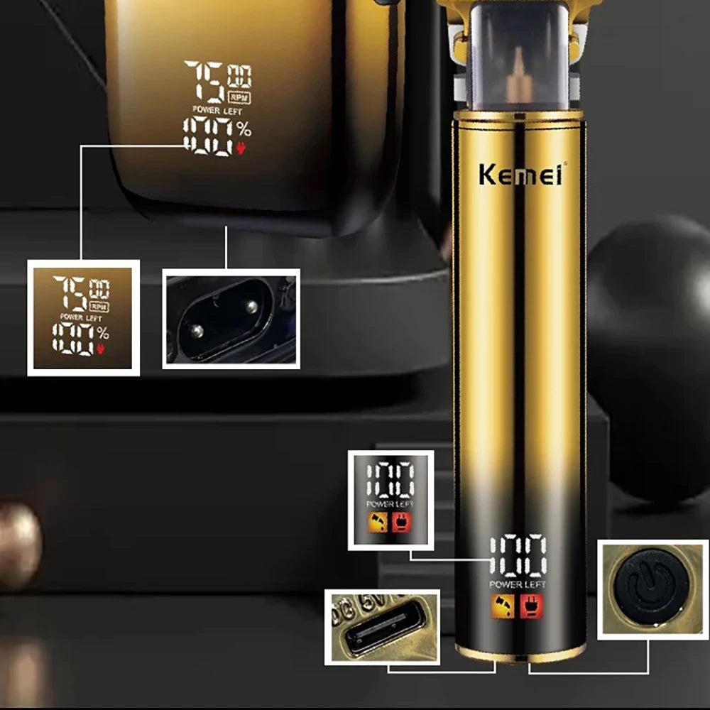 A gold-colored electric trimmer with power level indicators and components shown in detail.