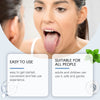 A close-up of a woman showing her tongue, demonstrating the use of a tongue cleaning product.