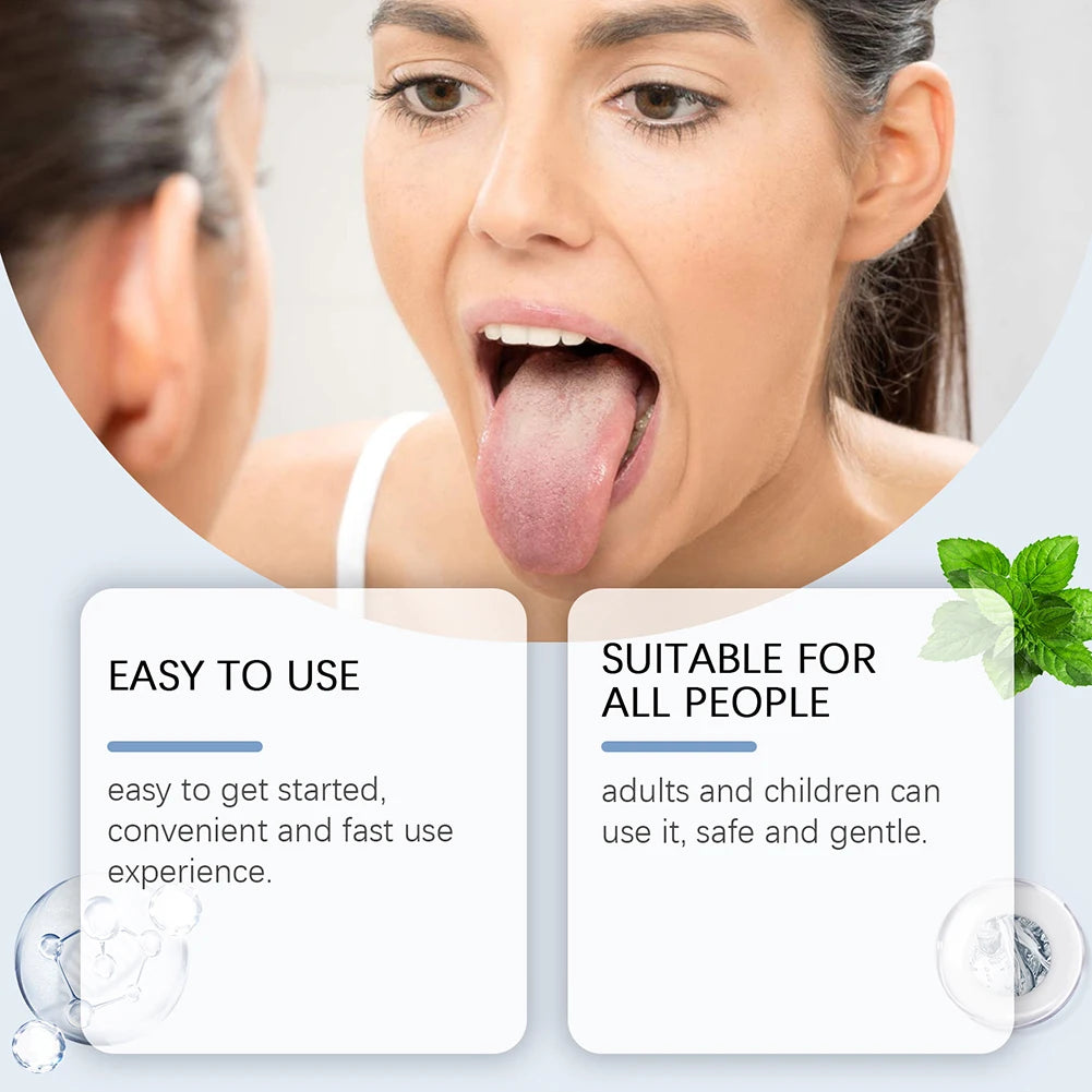 A close-up of a woman showing her tongue, demonstrating the use of a tongue cleaning product.