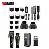 A collection of WMARK professional cordless hair trimmer tools including guards and attachments.