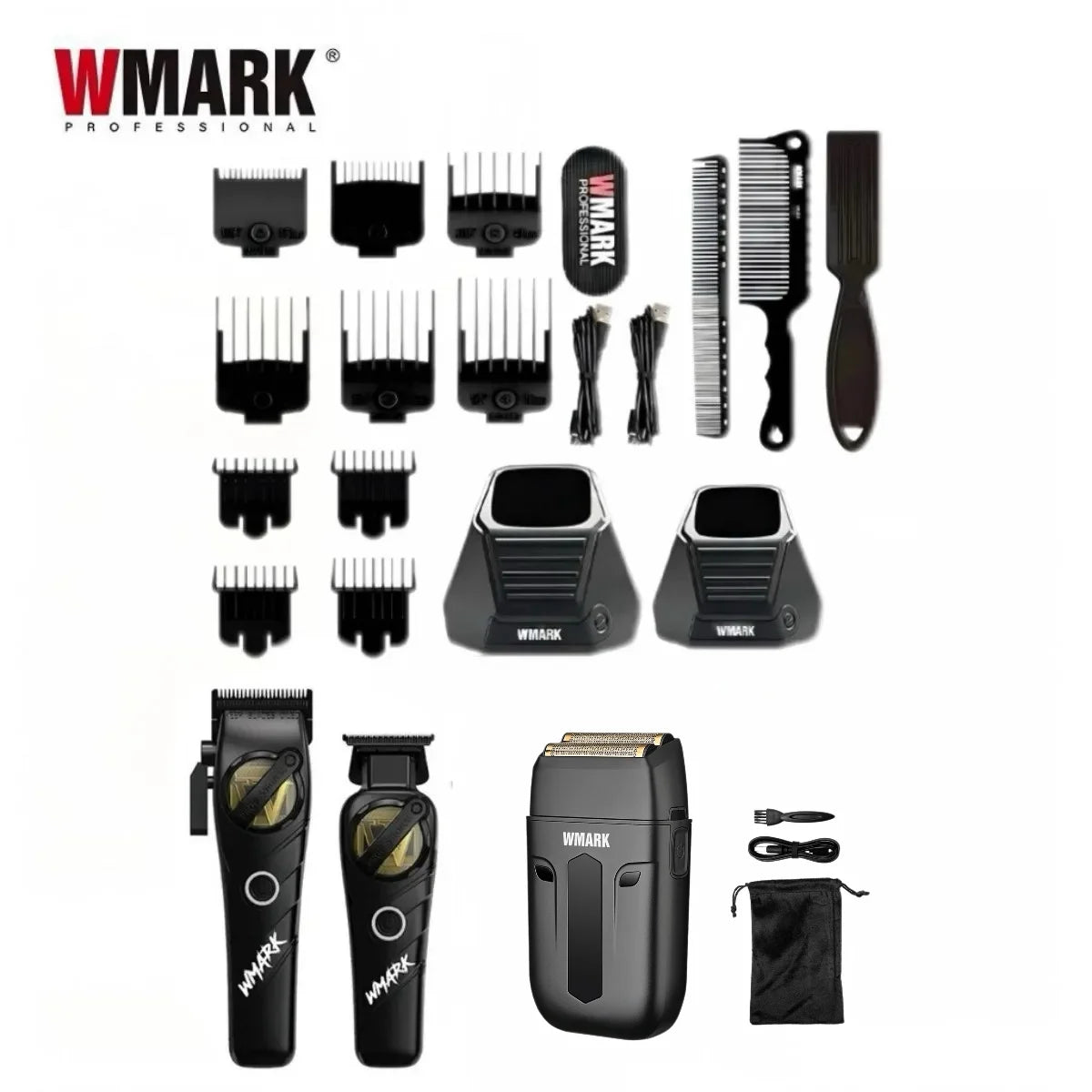 A collection of WMARK professional cordless hair trimmer tools including guards and attachments.