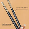 A pair of GECOMO precision makeup brushes, including a flat blade head and an arc brush head, are shown being held by a hand.