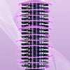 Cepillo térmico profesional blanco 2 en 1 con acentos de luz morada, mostrado sobre fondo rosa.