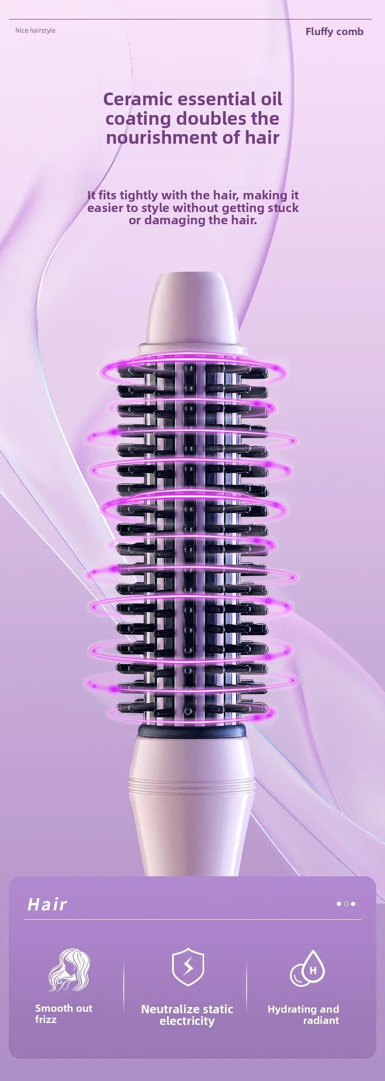 A white heated curling iron brush with purple light accents is shown against a pink background.