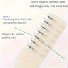 A close-up of a double-headed manual nose hair trimmer with a sharp stainless steel blade for trimming nose hair.