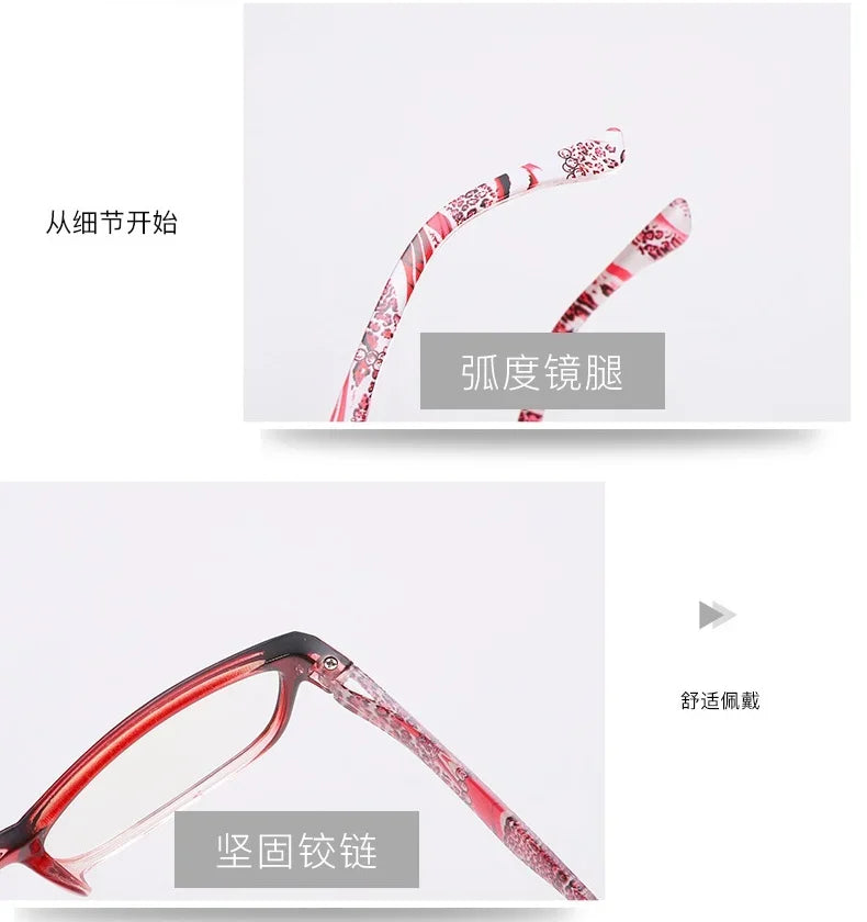 A pair of red and white patterned reading glasses shown in various angles.