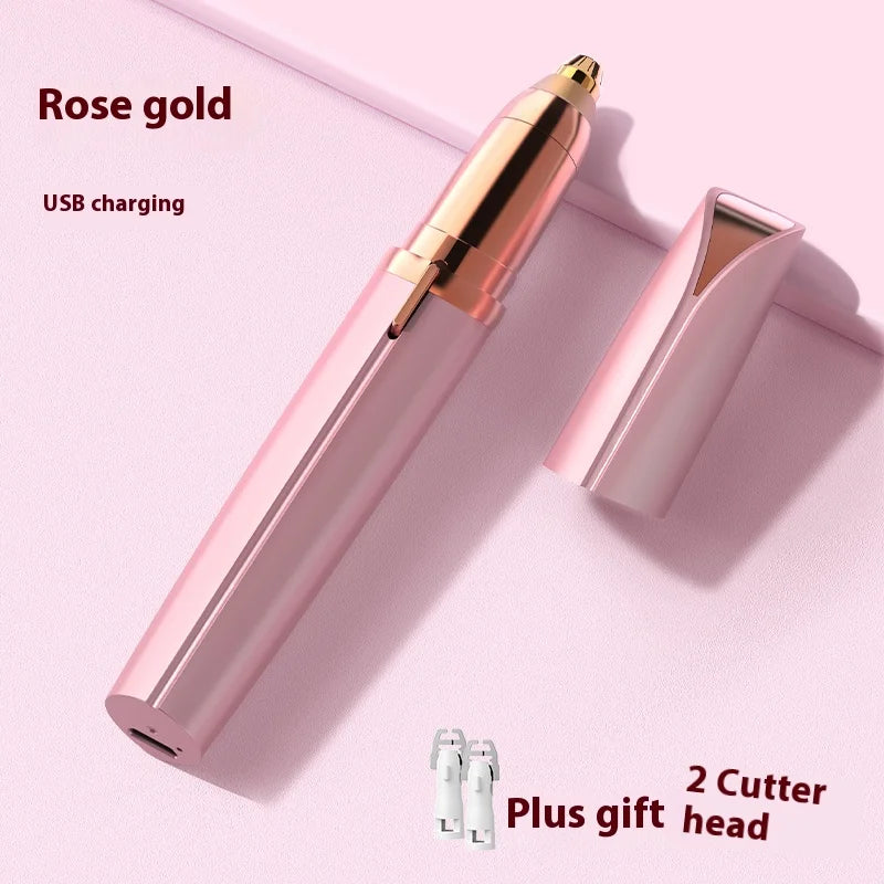 A rose gold electric eyebrow trimmer with a detachable cutter head and USB charging cable shown on a pink background.