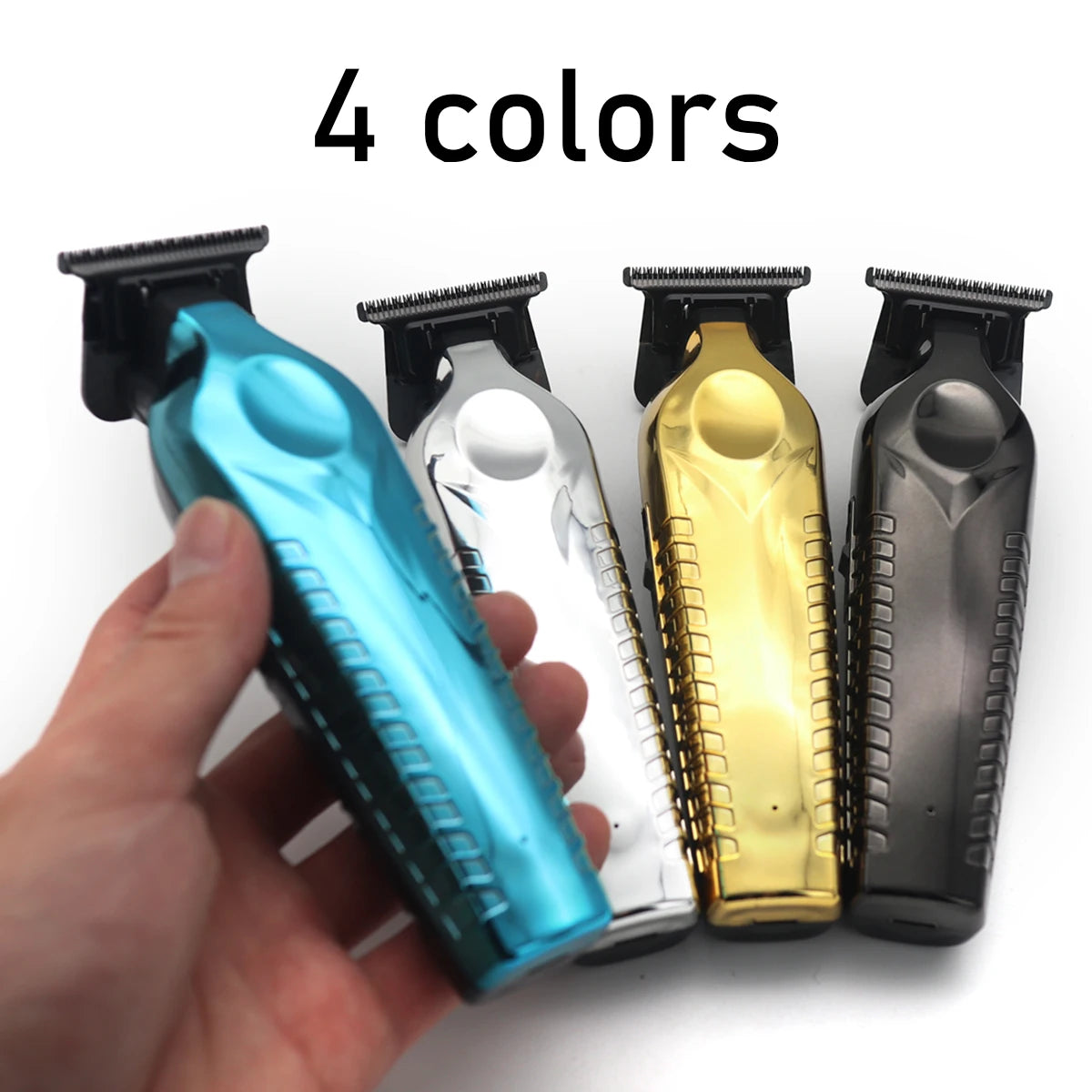 Vier Farben eines professionellen kabellosen Haartrimmers mit LED-Anzeige, gehalten von einer Hand.