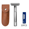A set of ten double-edge safety razor components including a handle and blade.