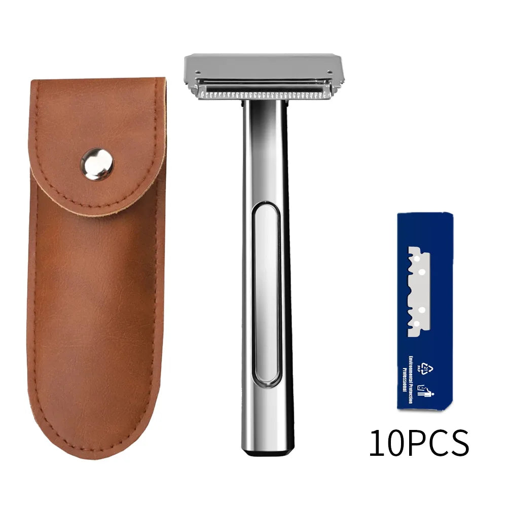 A set of ten double-edge safety razor components including a handle and blade.