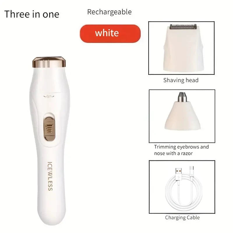 A white 3-in-1 rechargeable grooming device showing the shaving head, trimming tool, and charging cable.
