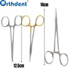 A set of professional stainless steel dental hemostatic forceps and a measuring scale.