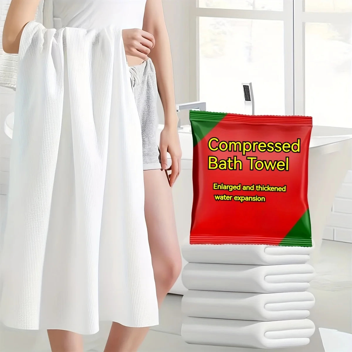 A woman is wearing a white towel and holding a red compressed bath towel package with green accents.