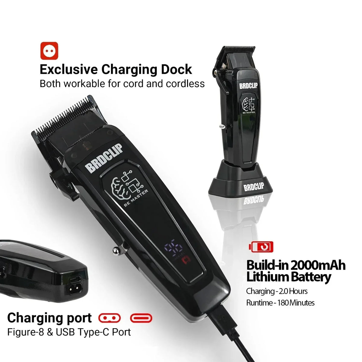 A black electric hair clipper with a charging dock and cord/cordless capability.
