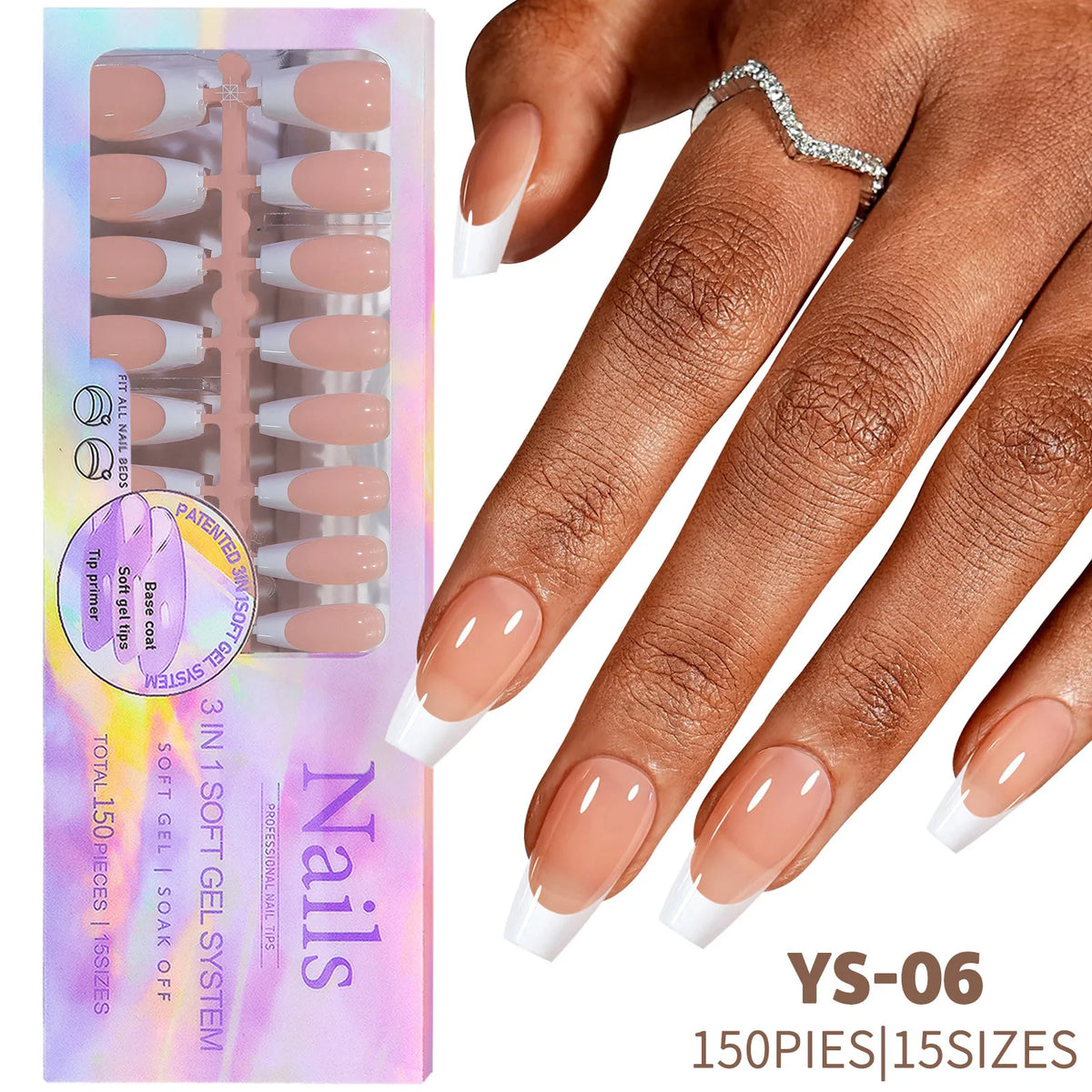 A set of 150 press-on nails in a light nude color displayed on a hand.
