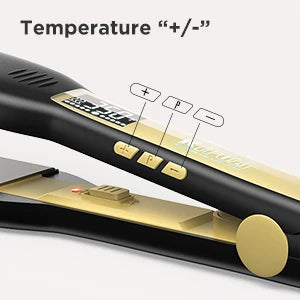 Close-up of a black flat iron hair straightener showing temperature controls marked with plus and minus symbols.