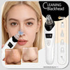 A woman is using an electric blackhead remover vacuum acne cleaner to clean her skin, showing before and after results.