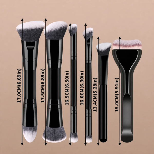 A set of six dual-ended makeup brushes with varying sizes shown against a neutral background.