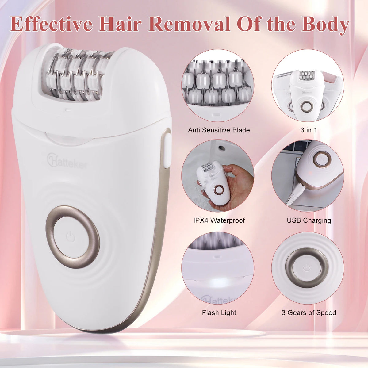 A white electric hair remover device shown with various features like an anti-sensitive blade, IPX waterproof rating, and USB
