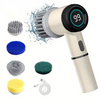 A beige electric spin scrubber with a circular brush head and various replacement brush heads shown next to the device.