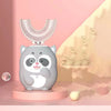 A gray panda-shaped 360° sonic electric toothbrush for kids displayed on a pink surface.