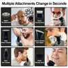 A collection of multiple attachments for an electric grooming kit including a facial cleaning brush, shaver trimmer, and nose