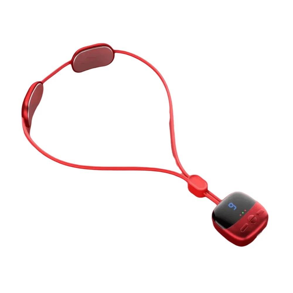 Red multi-mode wireless cervical spine massager with flexible tubing and a control unit.