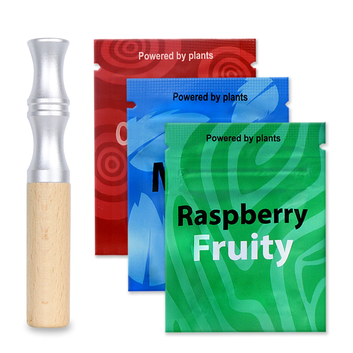 A silver and wood natural wooden stop smoking stick diffuser with three plant-themed colored packaging inserts.