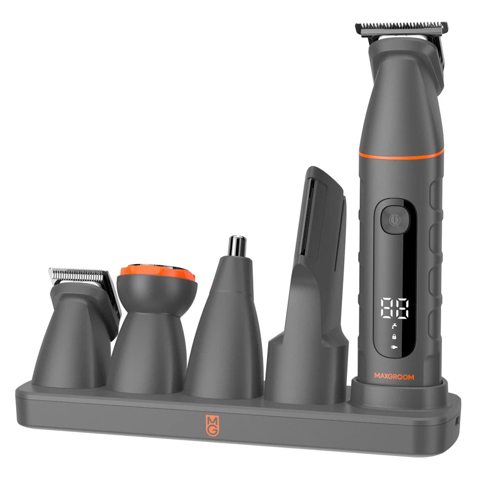A grey 4-in-1 body hair trimmer kit with multiple attachments shown on a stand.
