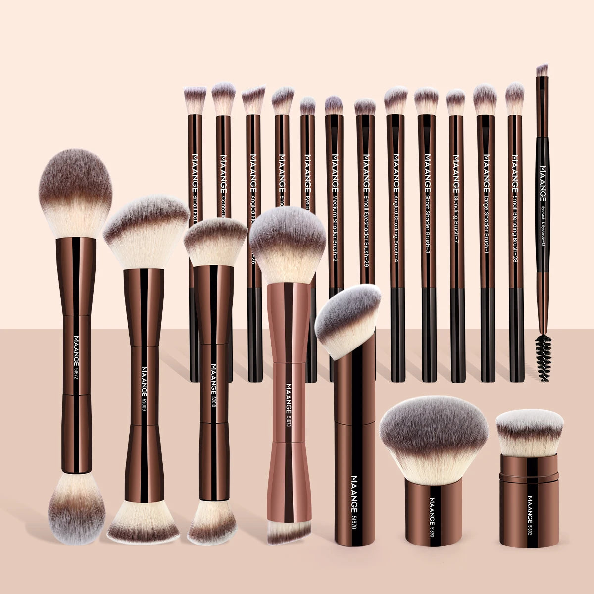 A set of professional makeup brushes in various sizes and shades for foundation and eyeshadow application.