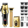 A vintage cordless hair cutting machine in gold and black is shown with various attachments.