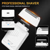 A white professional shaver kit showing the main body, a foil head, and a floating head with indicator light details.