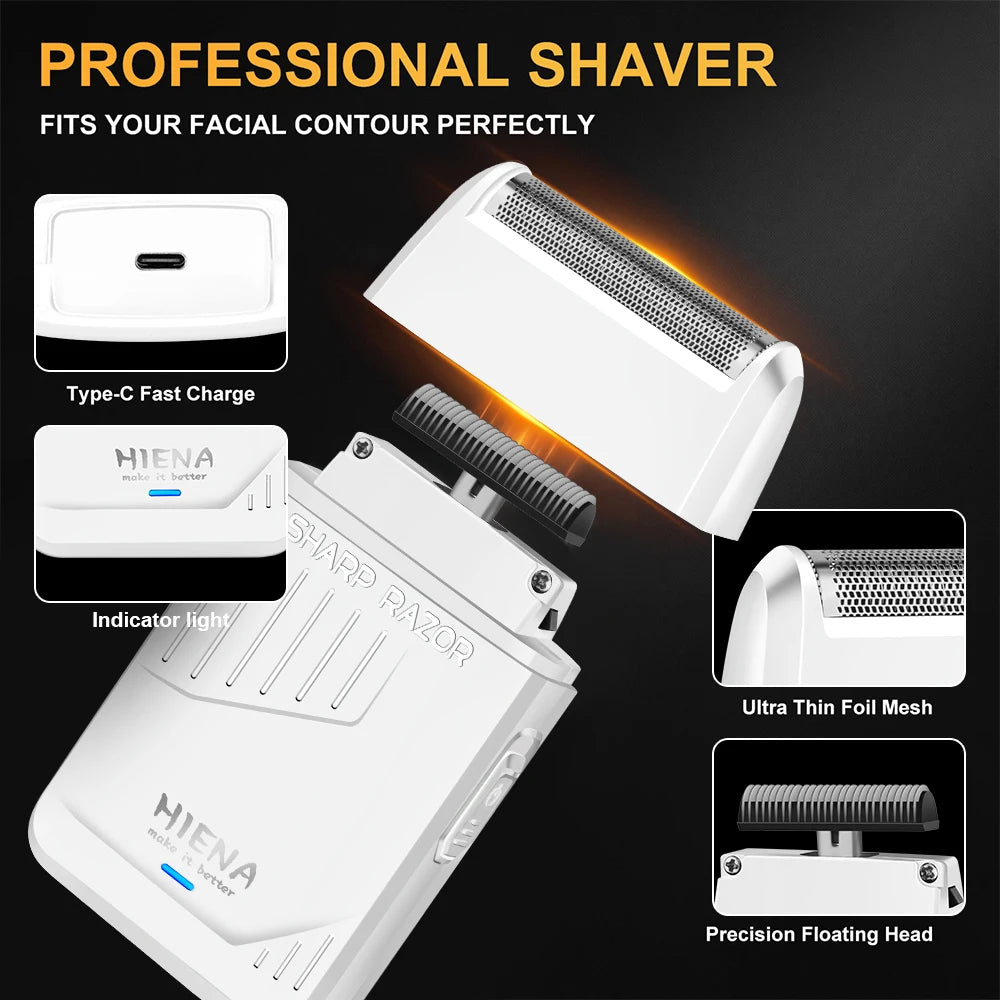 A white professional shaver kit showing the main body, a foil head, and a floating head with indicator light details.