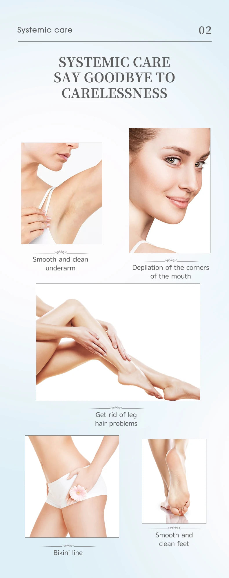A collection of images showing the benefits of systemic care including smooth underarms, depilation of mouth corners, rid of 