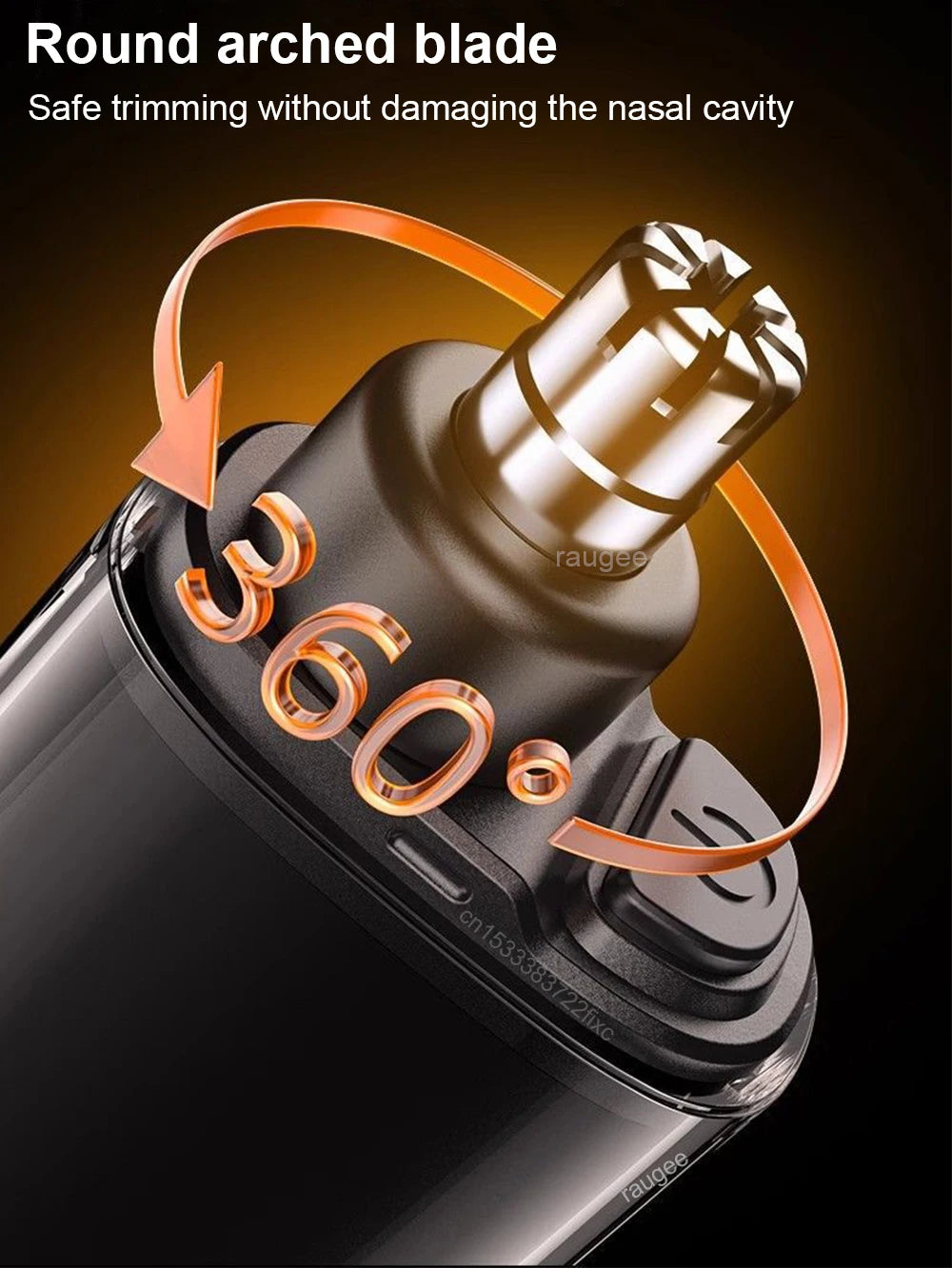 Close-up of a round arched blade on a portable nose hair trimmer with a 360-degree rotation arrow.