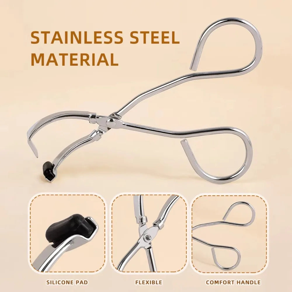 Stainless steel eyelash curler shown with close-ups of the silicone pad, flexible design, and comfort handle.