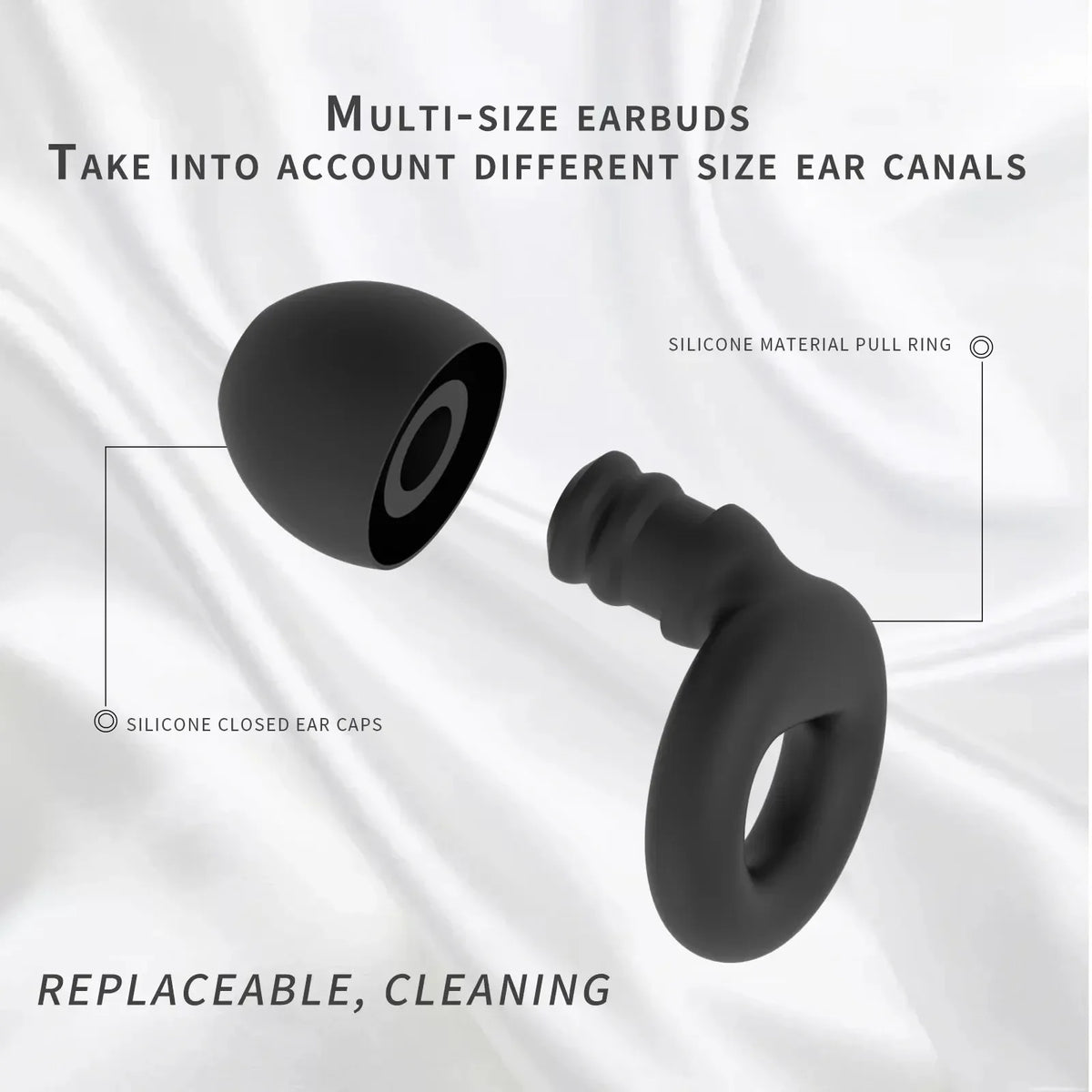 A close-up view of black silicone earbuds and ear caps demonstrating multi-size fit for different ear canals.