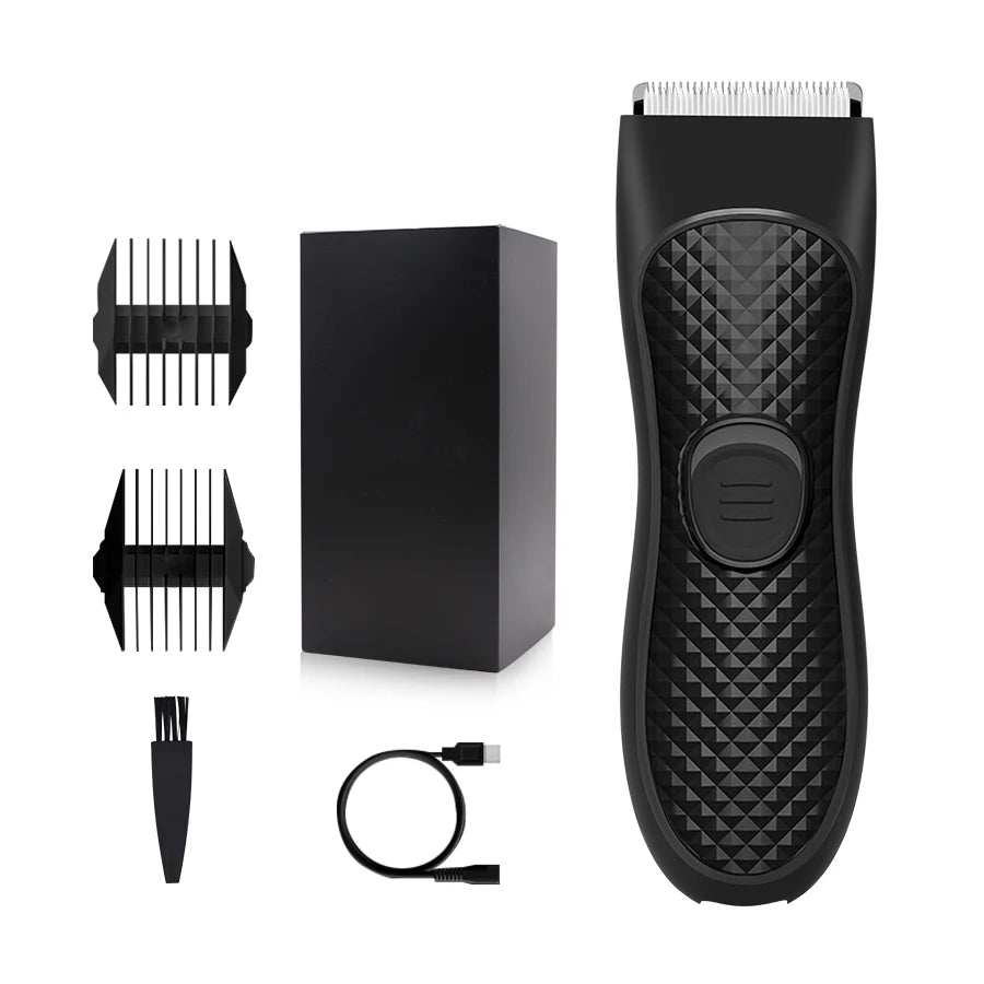 A black professional body and personal hair trimmer with a textured grip and detachable blade.