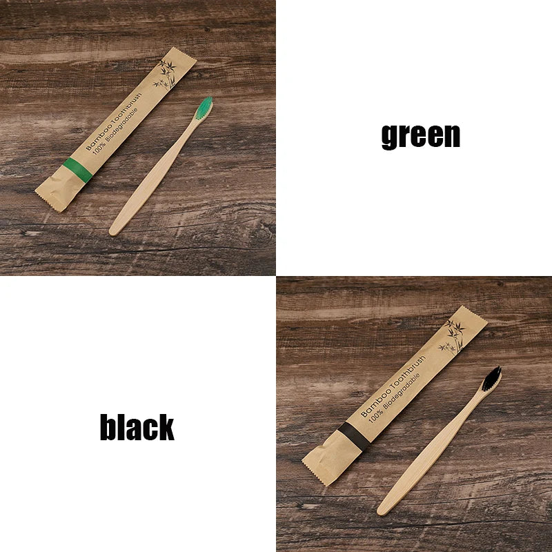A set of eco-friendly bamboo toothbrushes in green and black are shown on a wooden surface.