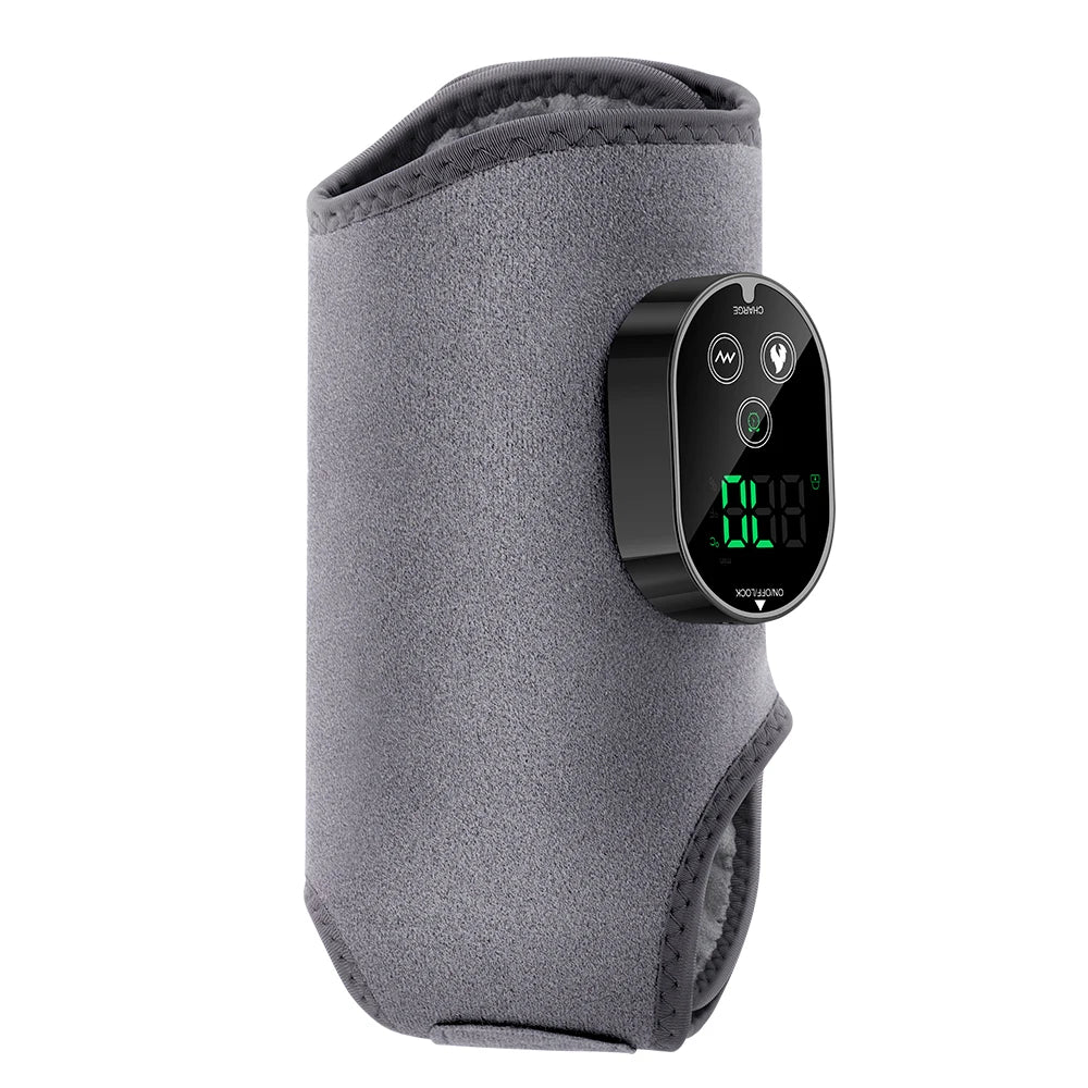 A gray heated vibration foot ankle massager device with a digital display.